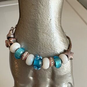 Pandora-Style Ocean Charm Bracelet – Blue & White Beads, Starfish & Palm 🌊